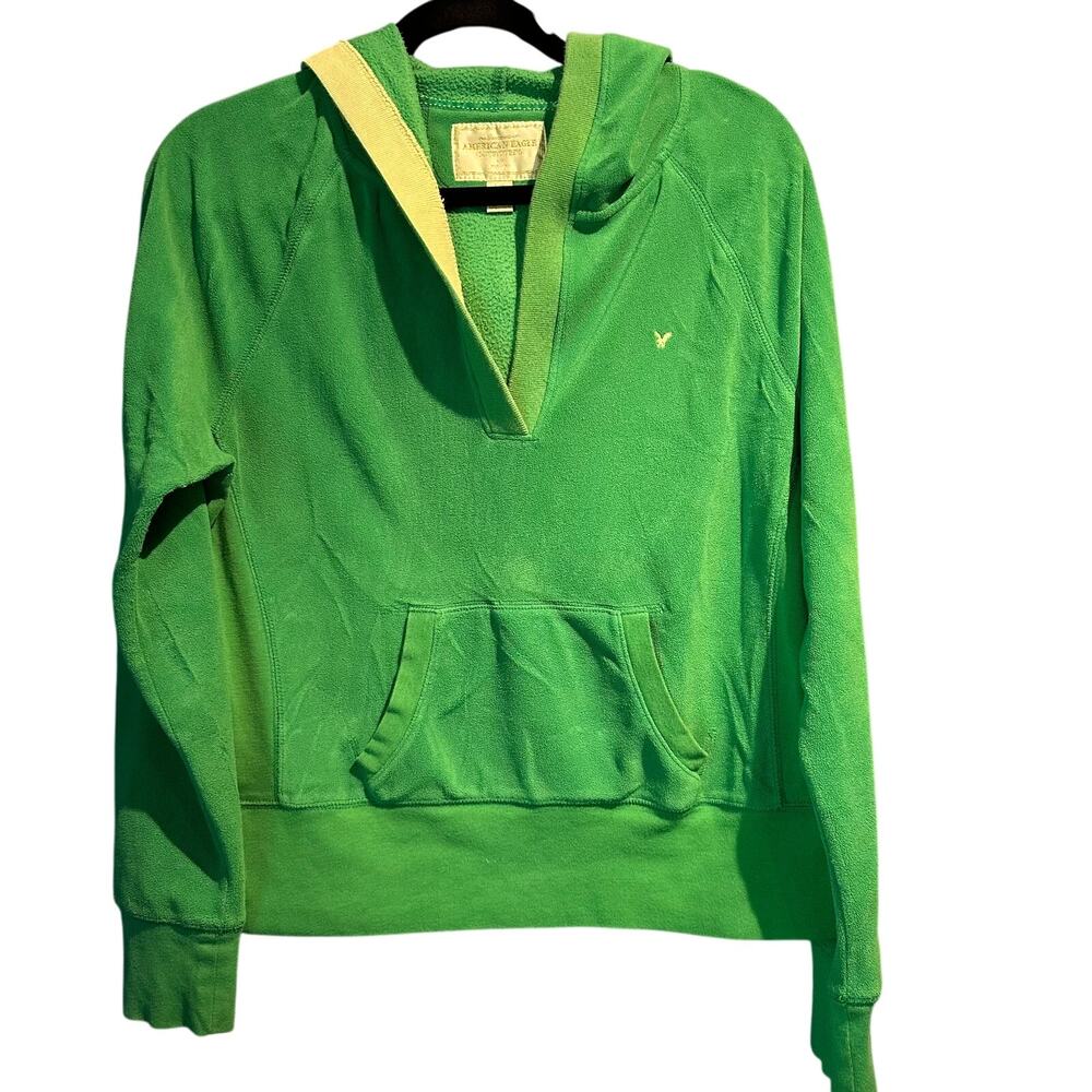 American Eagle Size Large Y2K V-Neck Hoody Fleece Green Lounge Casual Comfy